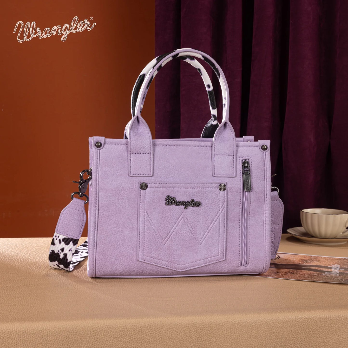 Wrangler Cow Print Concealed Carry Tote/Crossbody in Purple