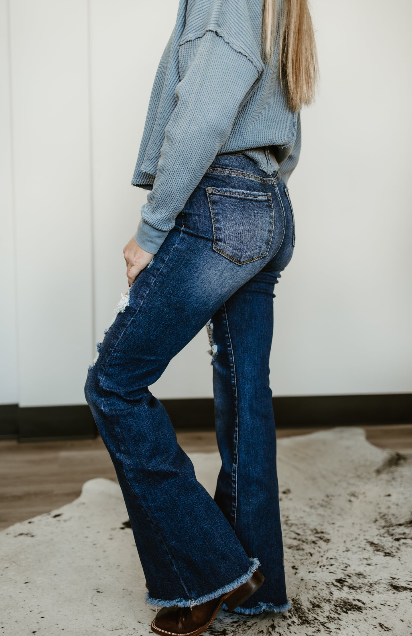 Dani Morgans Exclusive Risen Acid Wash Tummy Control High Rise Distressed Flare Jeans