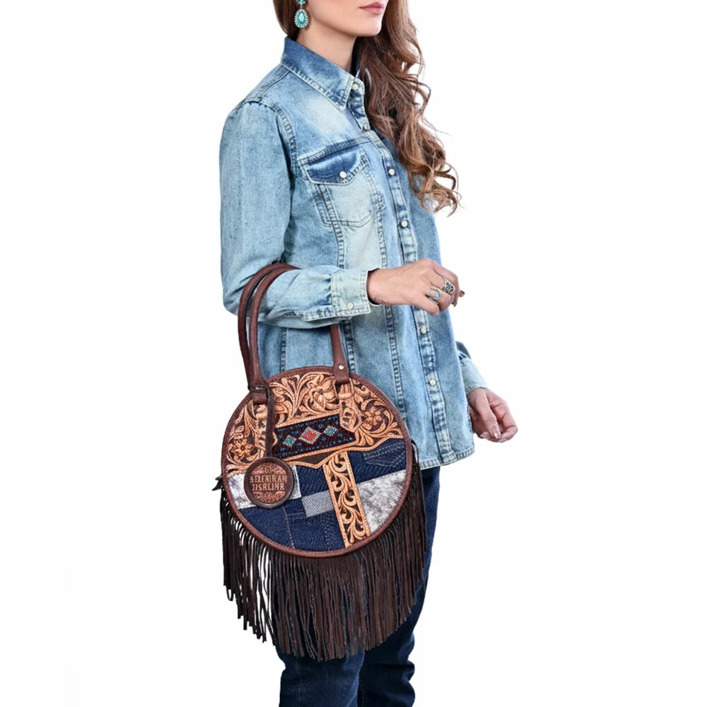 American Darling Denim & Floral Tooled Leather Fringe Canteen Bag