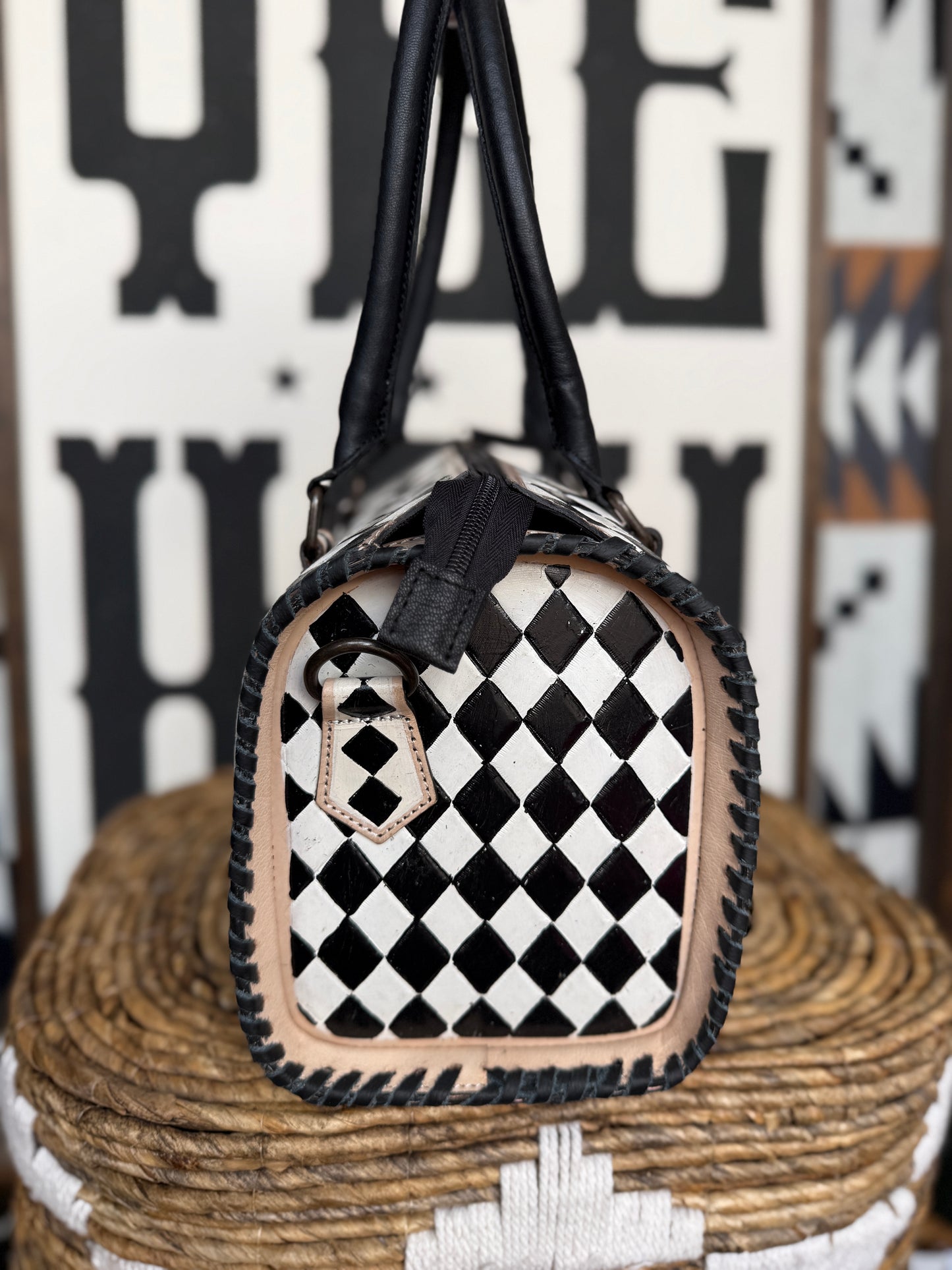 Hand-Painted Genuine Leather Black & White Checkered Speedy Style Bag