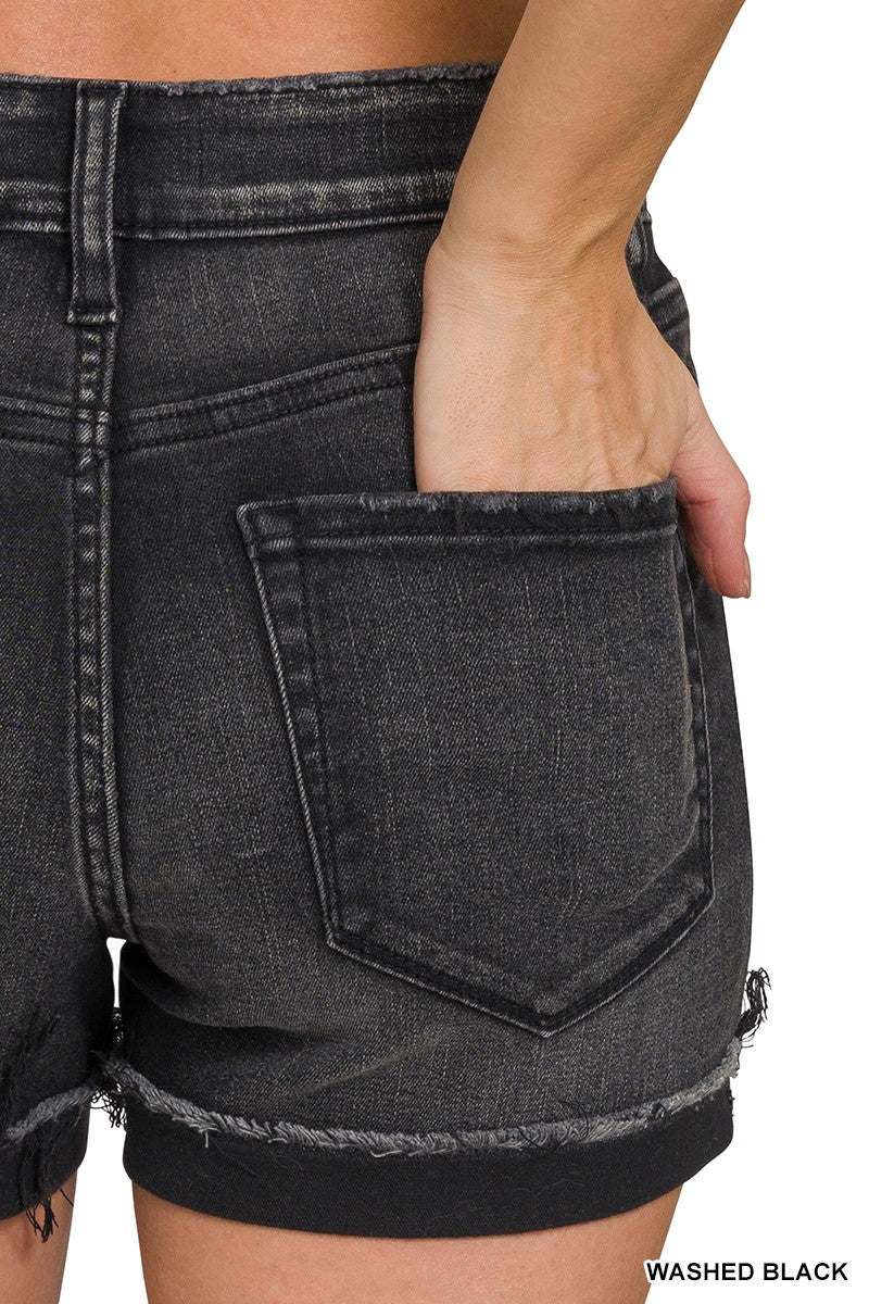 Black Raw Hem Denim Shorts