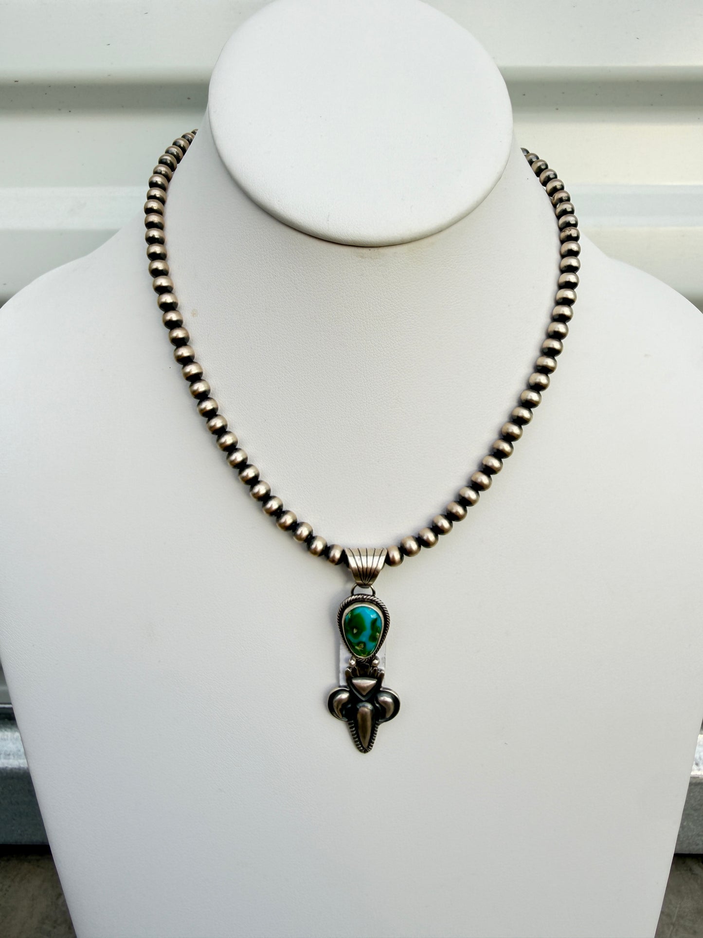 Gary Shorty Sonoran Gold Turquoise Machane Made Pearl Necklace | Genuine 925 Sterling Silver | Native American Handmade | 16"