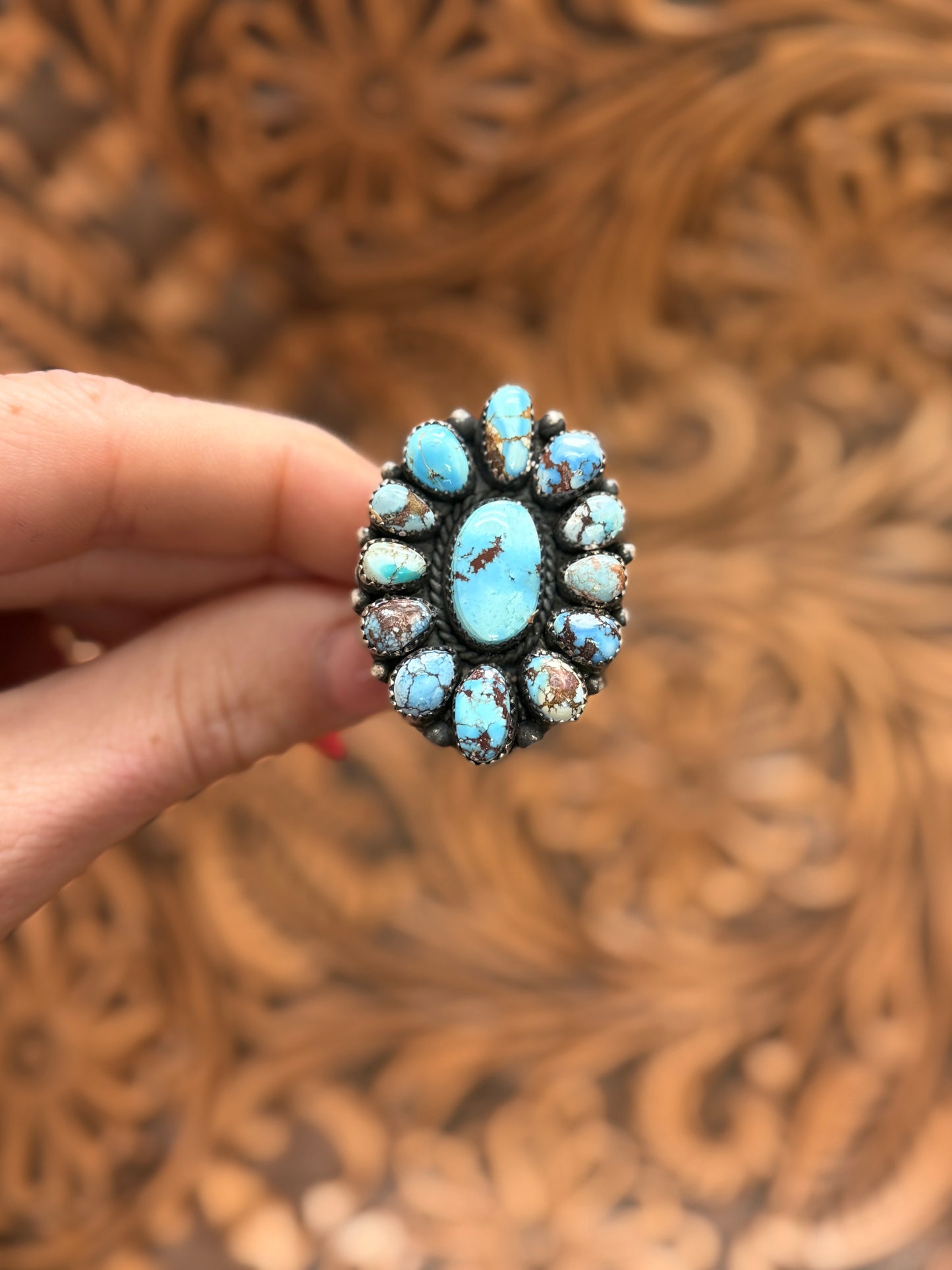 Native Made Golden Hills Turquoise Cluster Adjustable Ring | Signed A. Spencer | Genuine 925 Sterling Silver