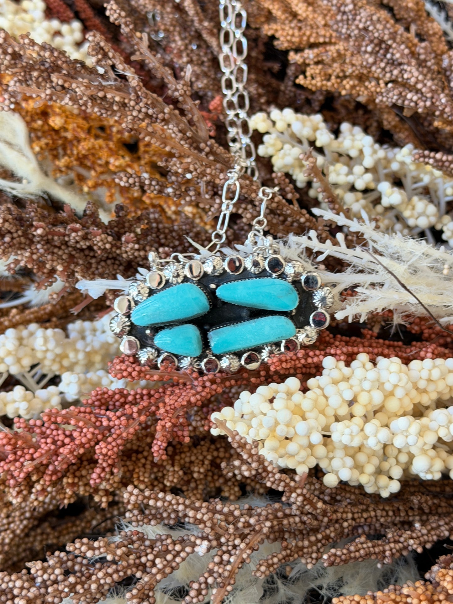 Turquoise Cluster Necklace β .925 Sterling Silver β 20"- Native Made by Sadie Jim