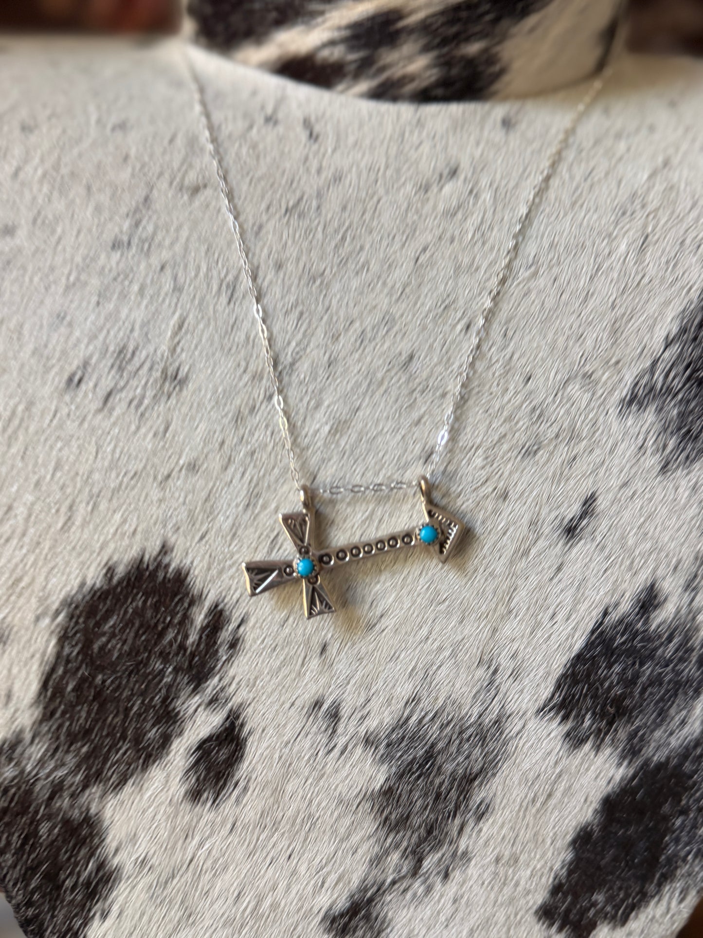 Kingman Turquoise Sterling Silver Cross Arrow Necklace – Native Made by Myra Benally