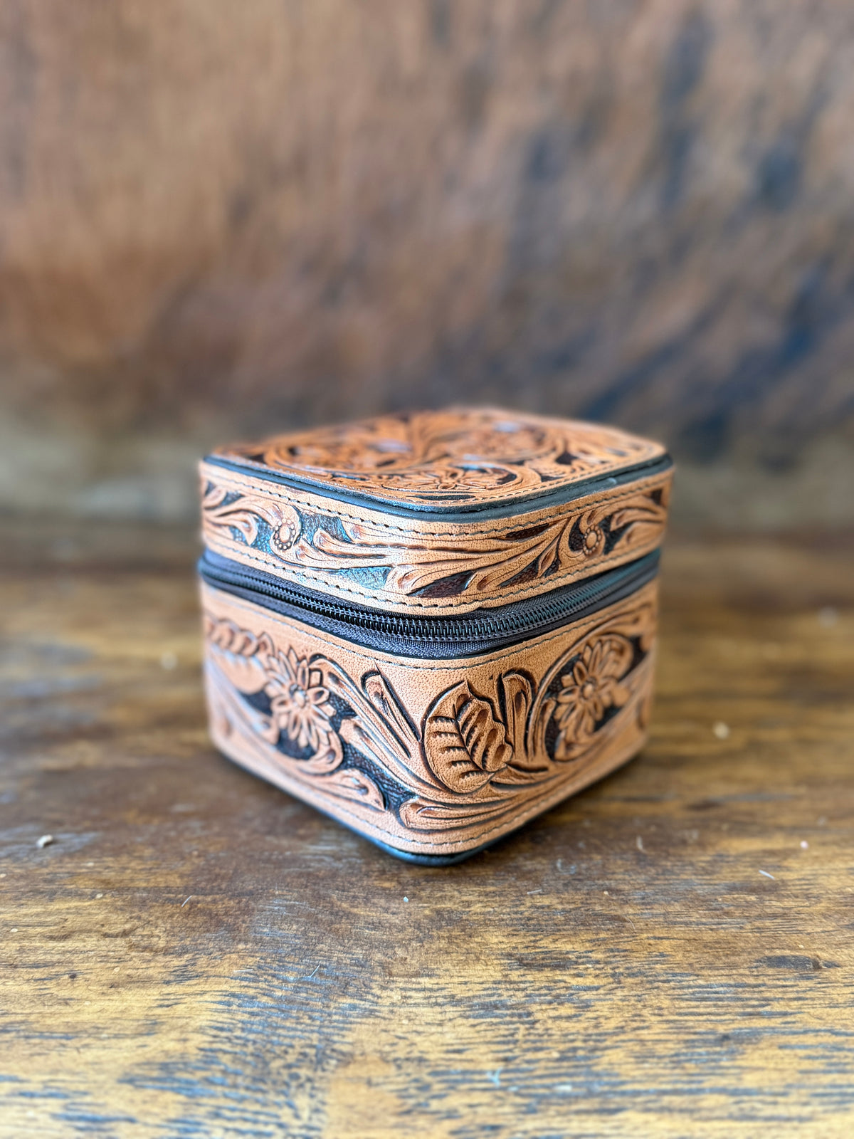 Tooled Leather Mini Jewelry Box with Genuine Cowhide