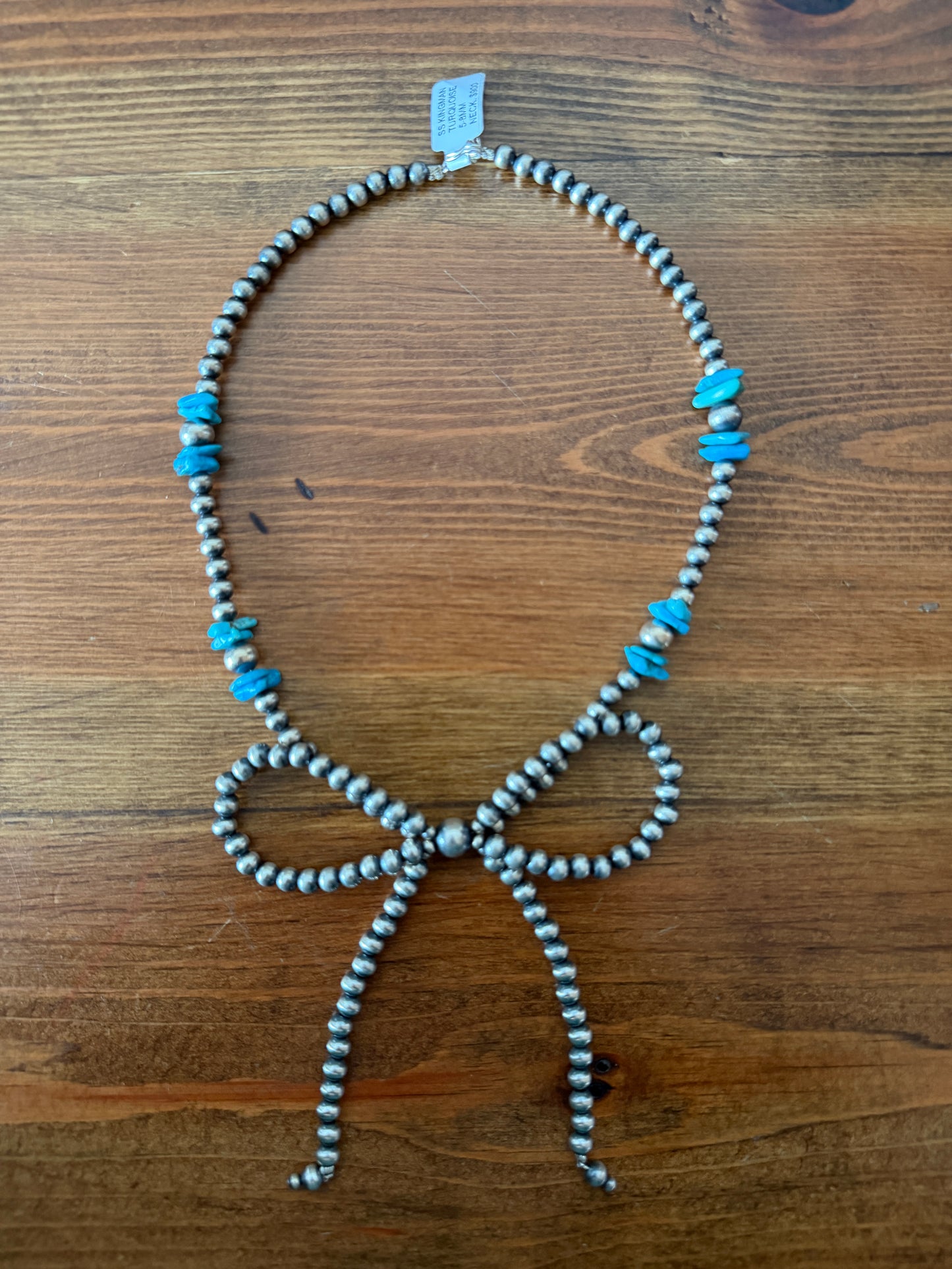 Product Title: Native Hand-Strung Kingman Turquoise & Sterling Silver Pearl Bow Necklace β Lucinda Sardo