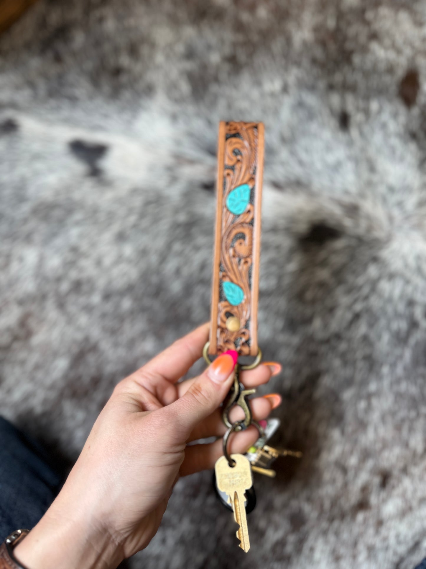 Turquoise Daydreams Leather Tooled Key Fob