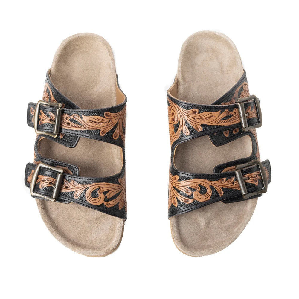 Falling Feather Black and Brown Leather Sandals