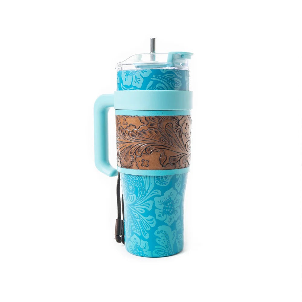 Wyoming Western Insulated Tumbler with Hand Tooled Sleeve by Myra