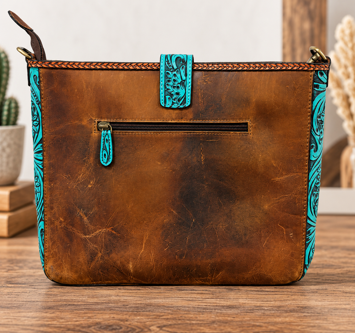 Turquoise Legacy Hand-Tooled Leather & Cowhide Crossbody Bag