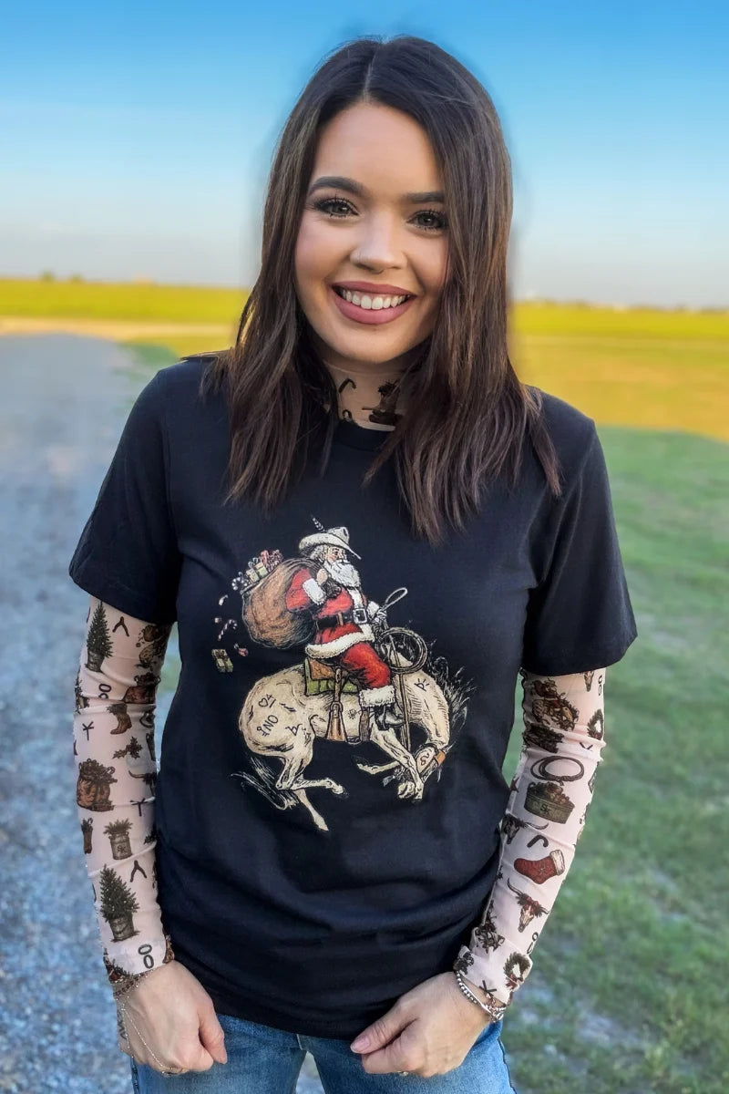 Holly Jolly Cowgirl Western Christmas Mesh Top