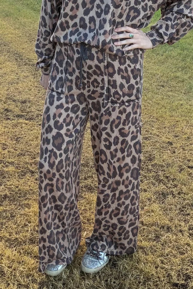 Wild Side Leopard Print Ribbed Drawstring Pants | Sterling Kreek