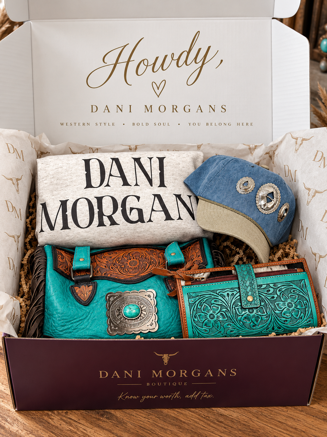 Dani Morgans Ultimate Western Mystery Bundle – Premium Handbag, Matching Wallet, Trucker Hat + Exclusive Crewneck