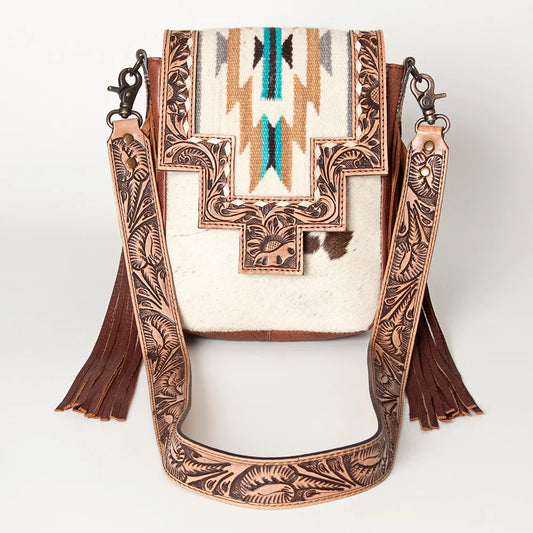 Western Hand-Tooled Leather and Hair-On Hide Crossbody with Turquoise Accent by American Darling