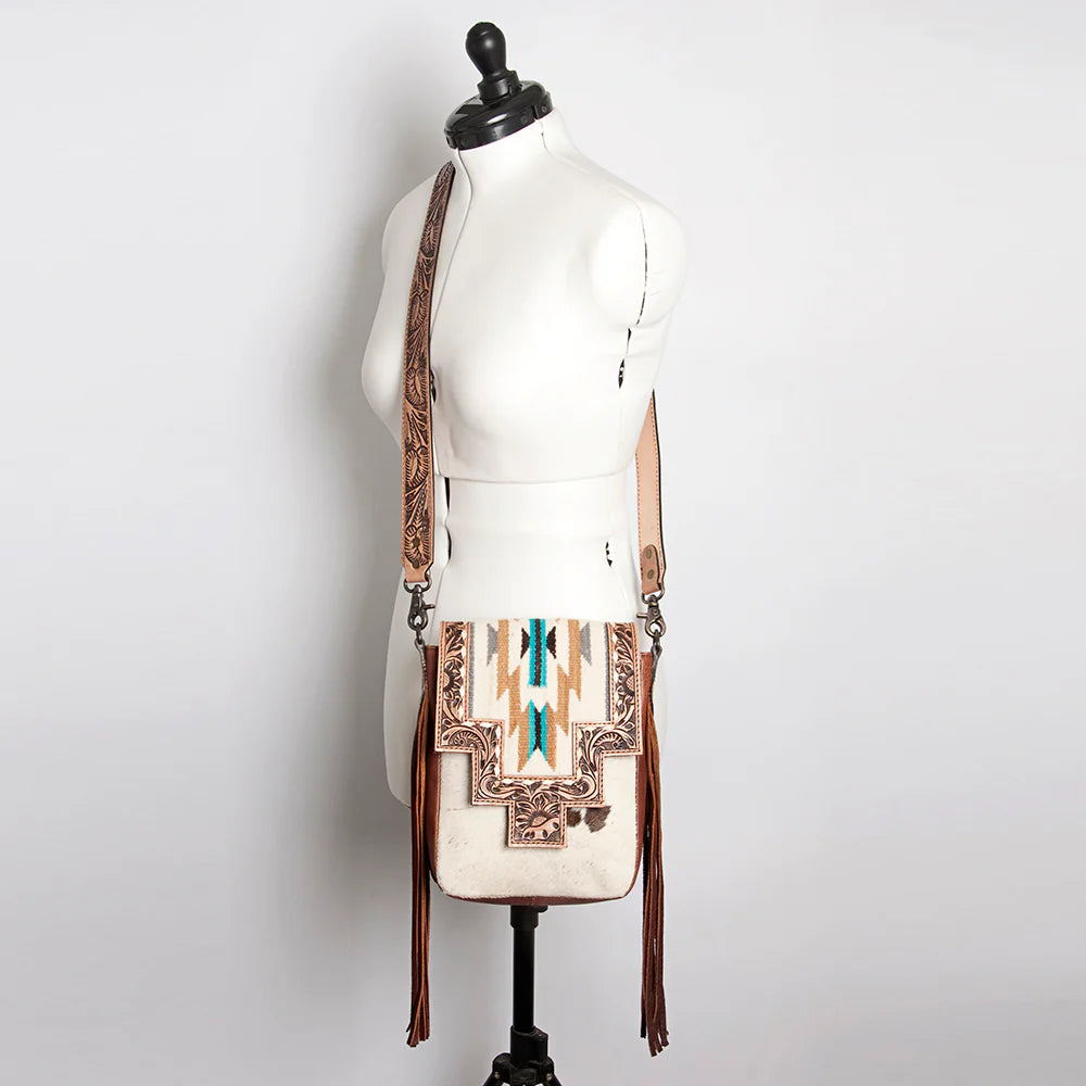 Western Hand-Tooled Leather and Hair-On Hide Crossbody with Turquoise Accent by American Darling