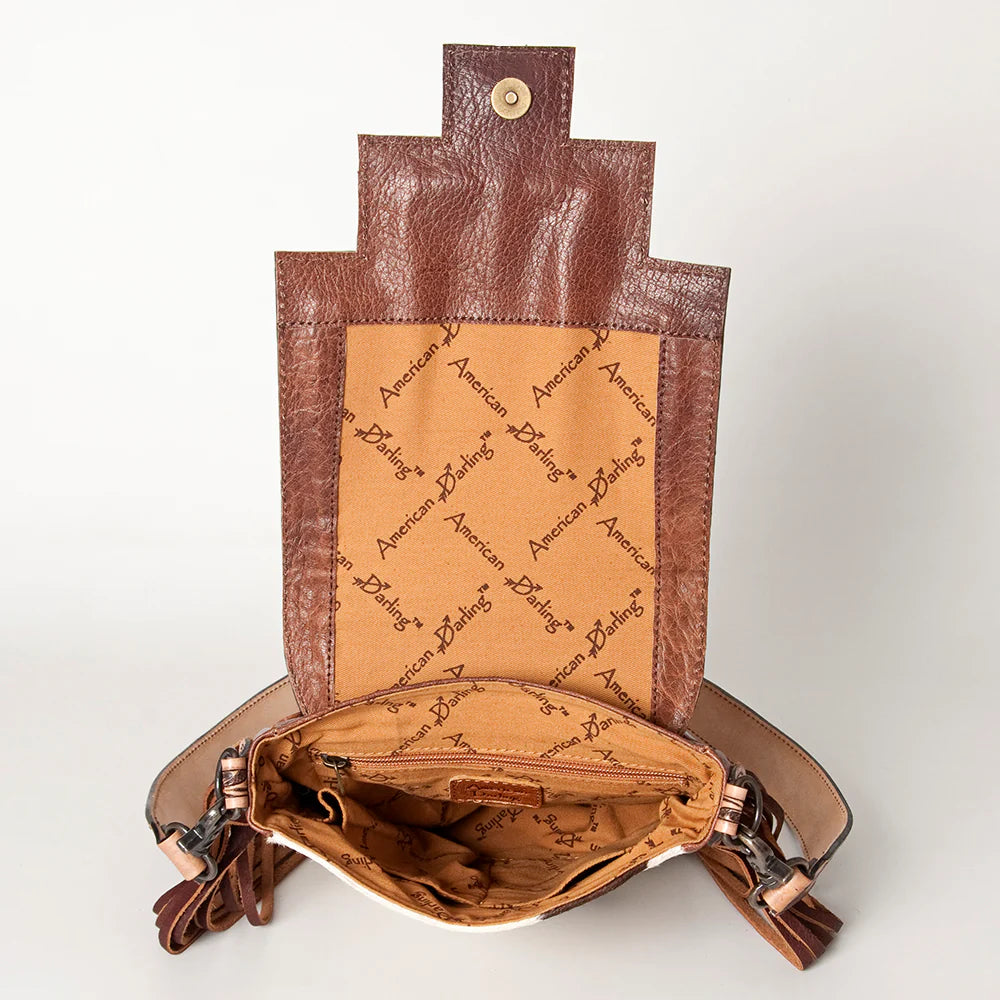 Western Hand-Tooled Leather and Hair-On Hide Crossbody with Turquoise Accent by American Darling