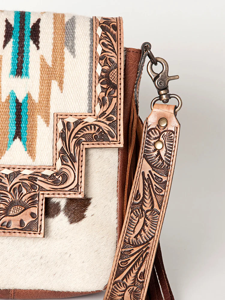 Western Hand-Tooled Leather and Hair-On Hide Crossbody with Turquoise Accent by American Darling