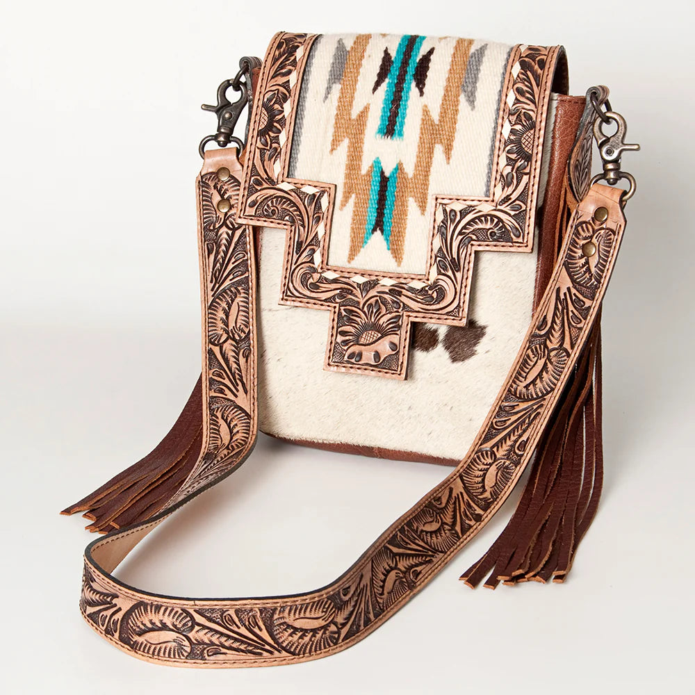 Western Hand-Tooled Leather and Hair-On Hide Crossbody with Turquoise Accent by American Darling