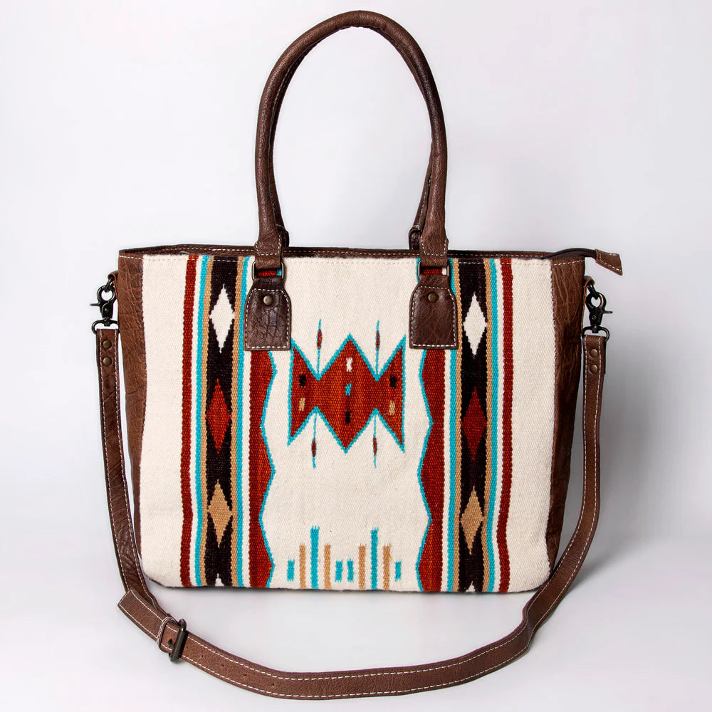 Southwestern Handwoven Wool Tote with Full Grain Leather Trim by American Darling