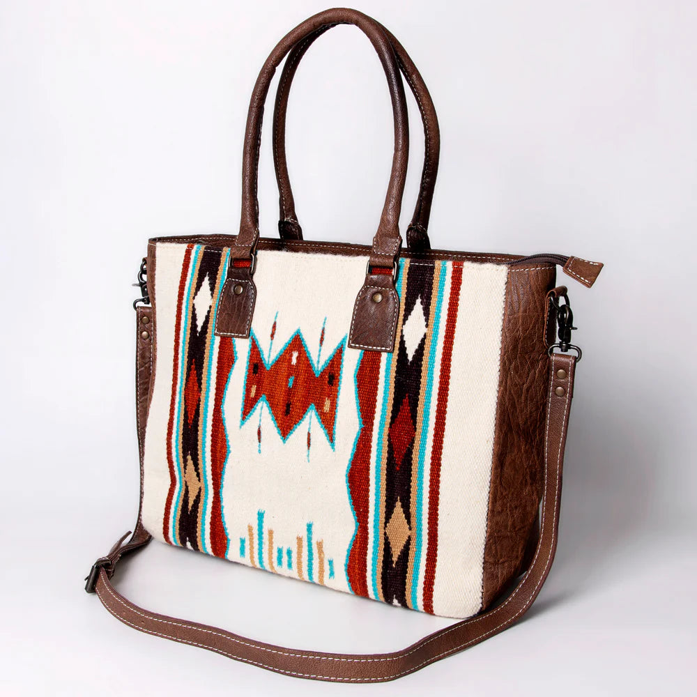 Southwestern Handwoven Wool Tote with Full Grain Leather Trim by American Darling