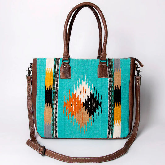 Southwestern Handwoven Wool Tote with Full Grain Leather Trim by American Darling