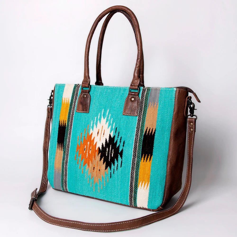 Southwestern Handwoven Wool Tote with Full Grain Leather Trim by American Darling