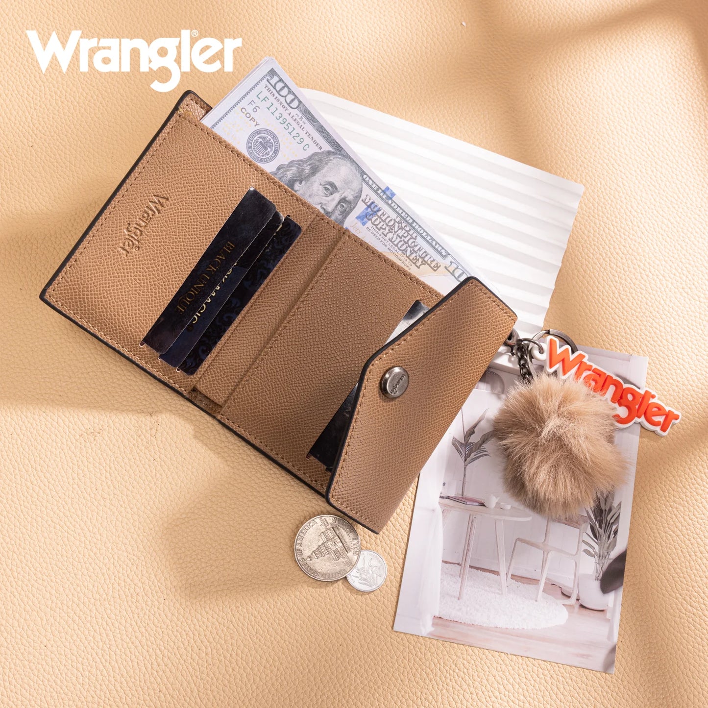 Wrangler Floral Tooled Card Wallet Wristlet with Pom Pom