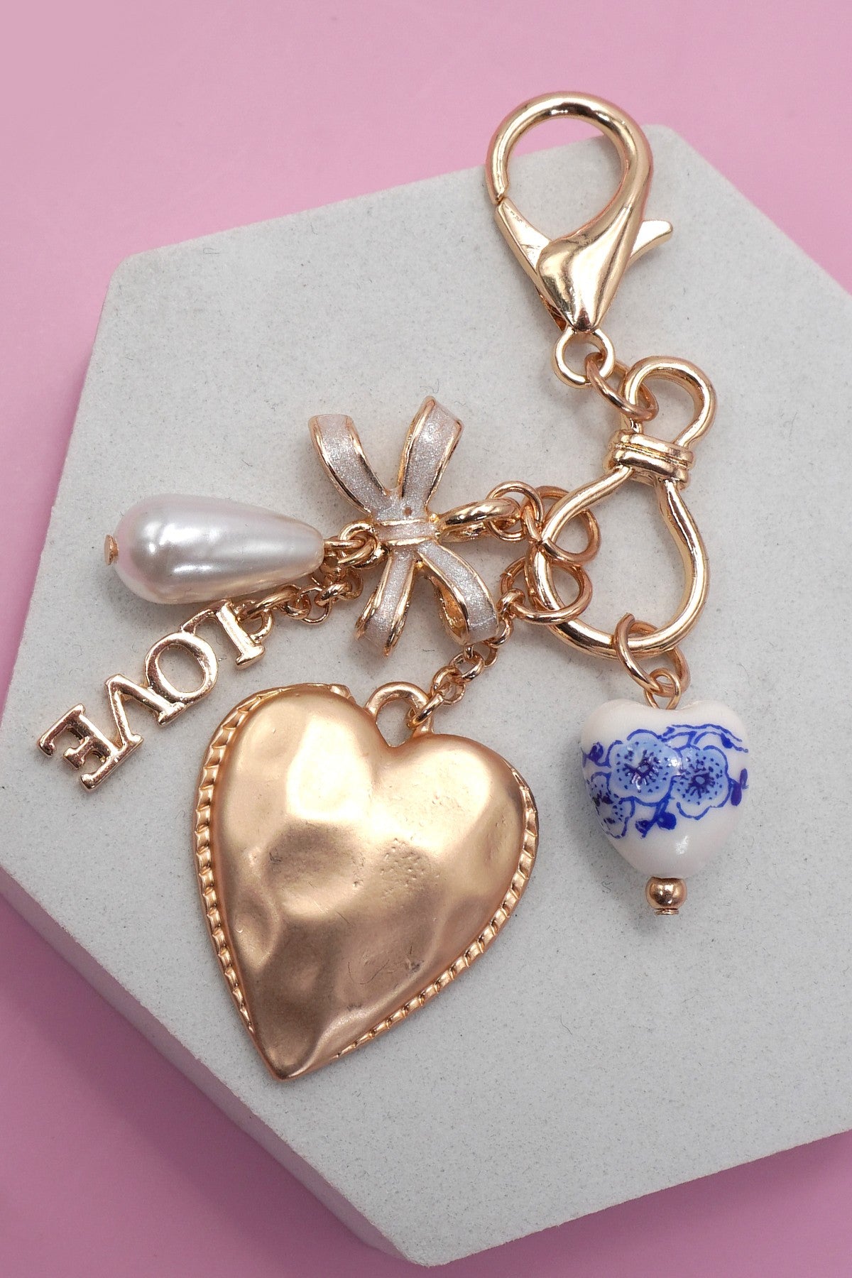 Heart and Bow Gold Bag Charm