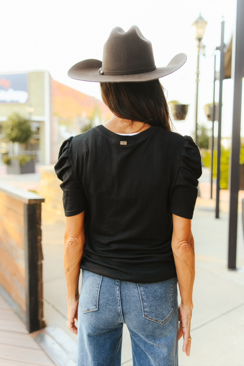 The Rodeo Darling Ribbed Puff Sleeve Top