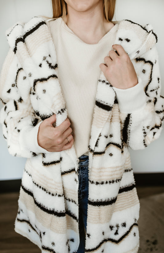 Boho Geo Stripe Sherpa Hoodie Cardigan