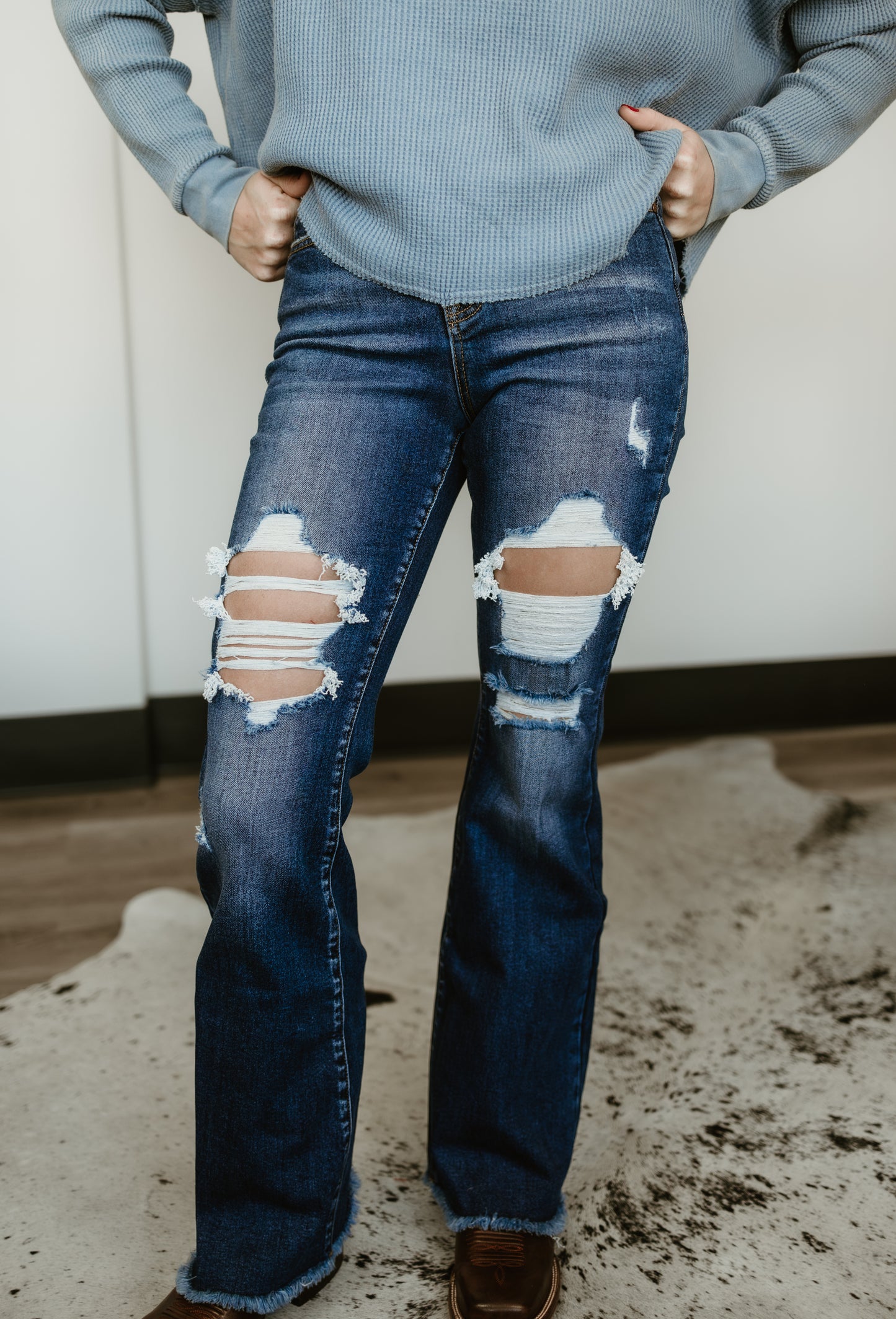 Dani Morgans Exclusive Risen Acid Wash  Tummy Control High Rise Distressed Flare Jeans