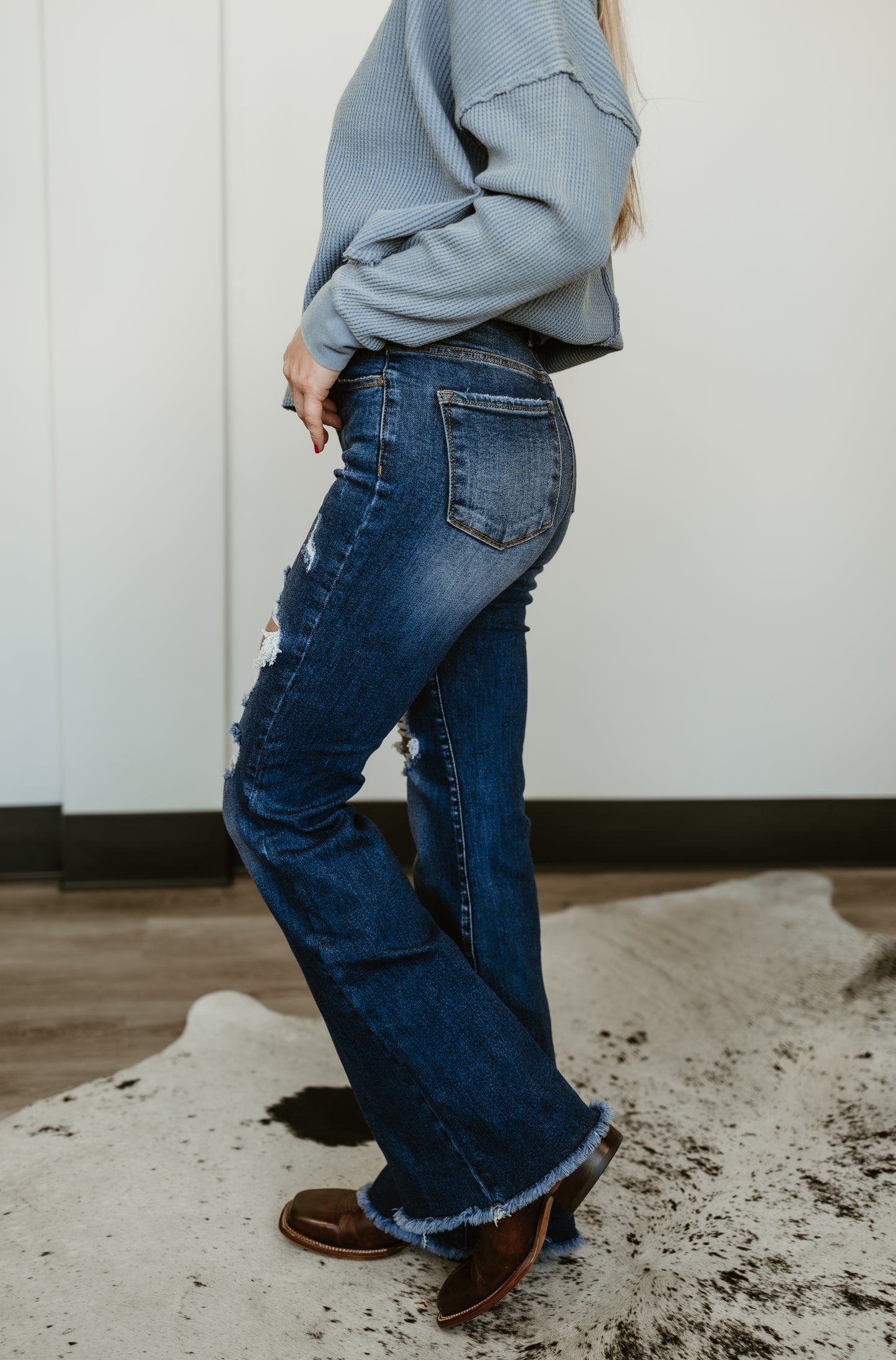 Dani Morgans Exclusive Risen Acid Wash  Tummy Control High Rise Distressed Flare Jeans