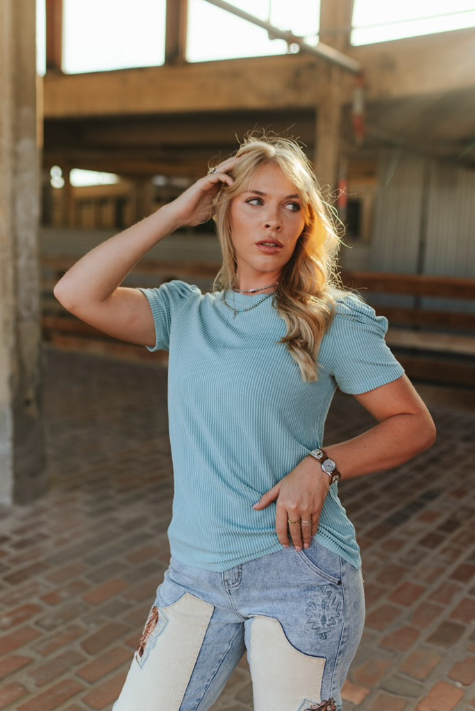 The Rodeo Darling Ribbed Puff Sleeve Top