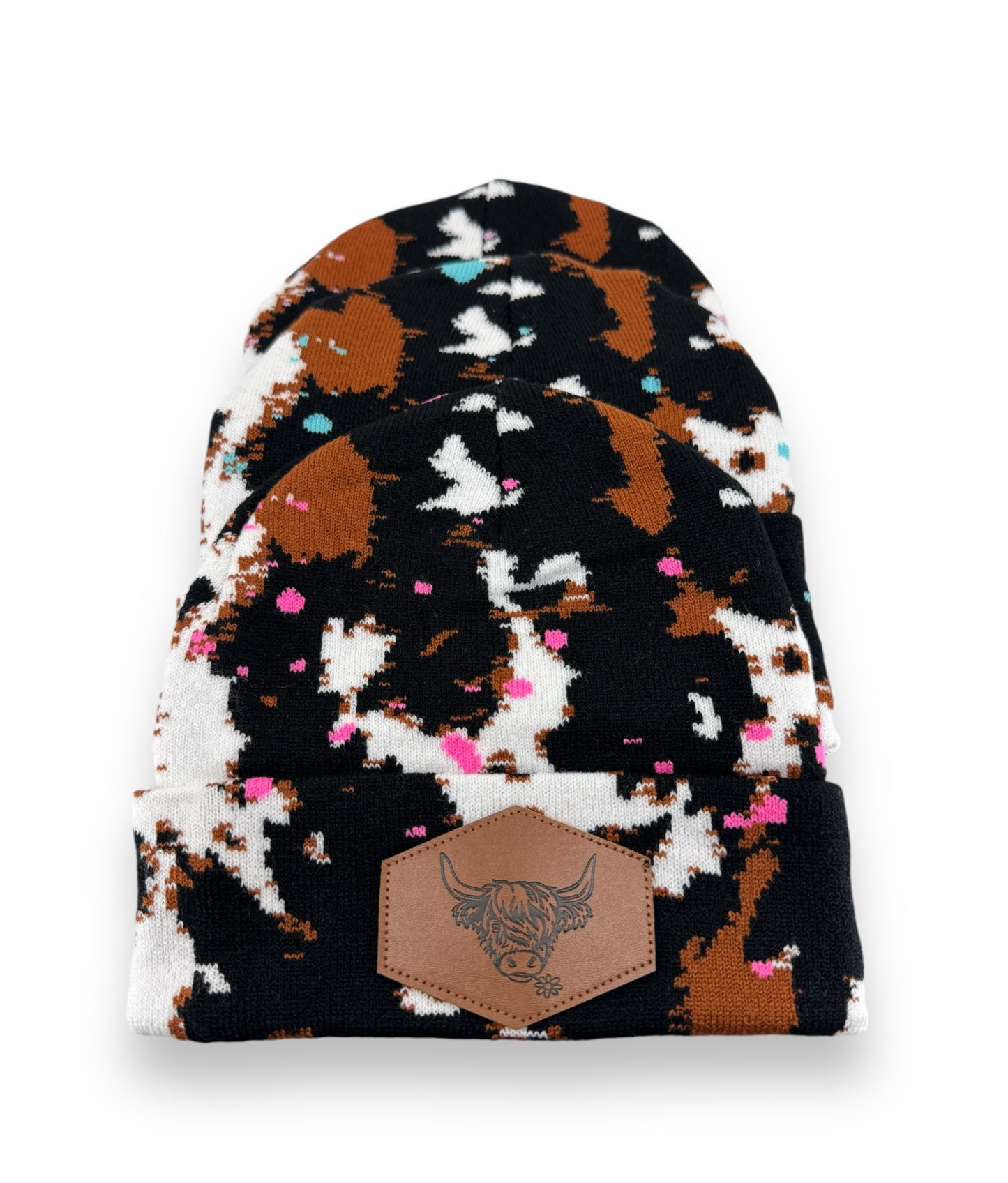 Splatter Paint Cow Print Beanie with Highland Cow Leather Patch