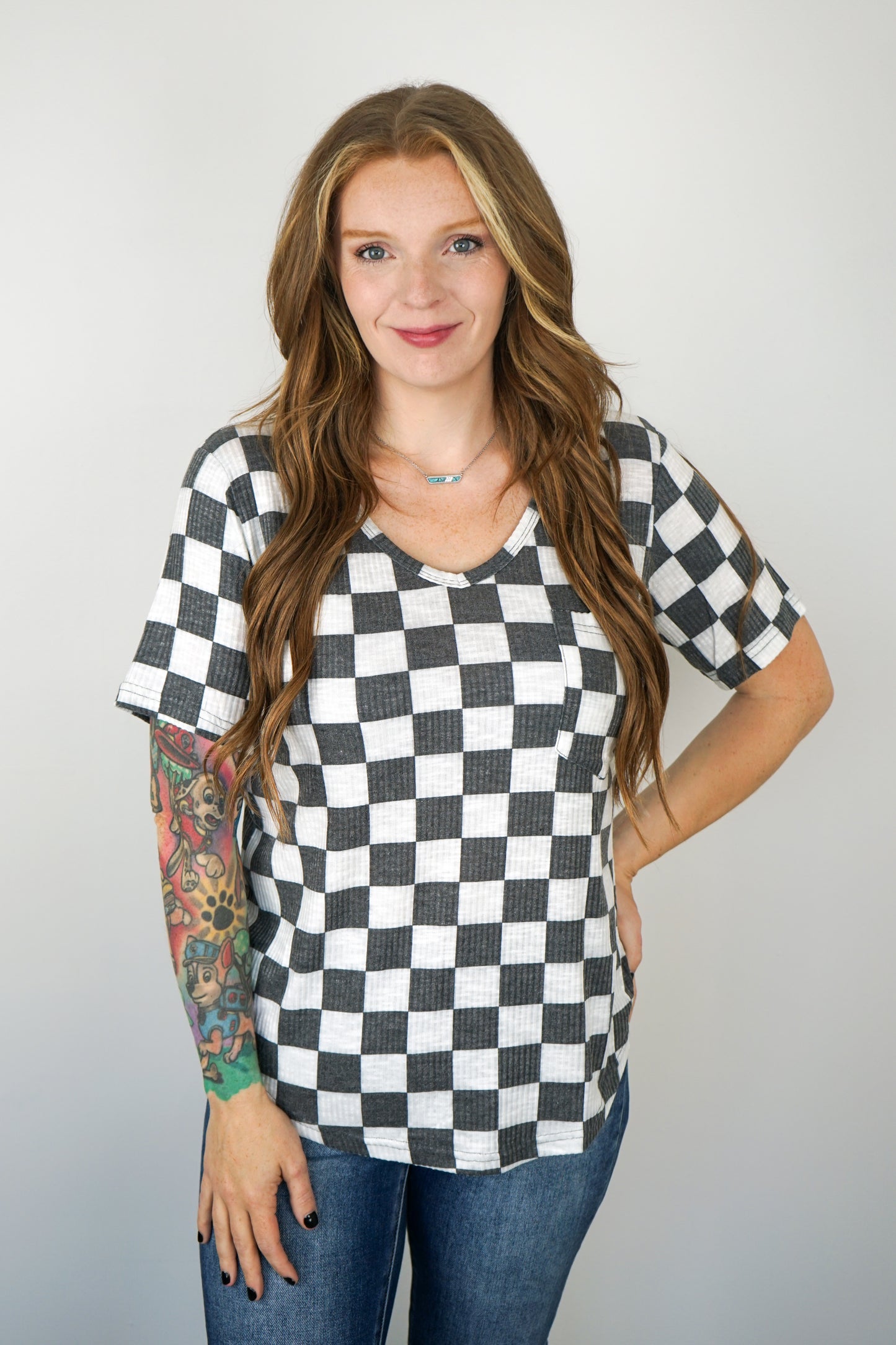 Super Soft Checkered V Neck