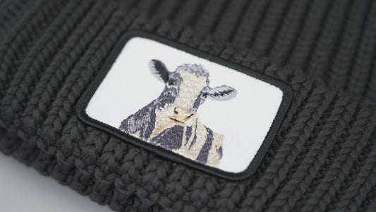 Cuffed Moo Moo Cow Embroidered Patch Knit Beanie