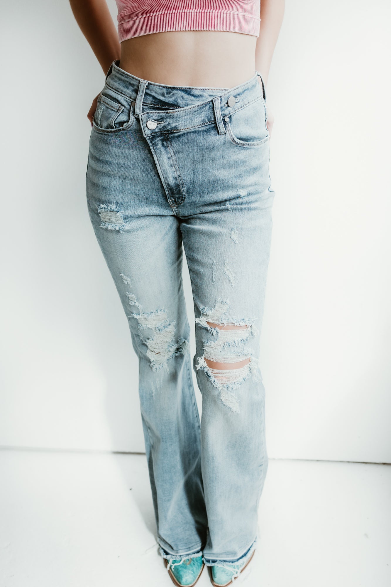 Criss Cross Distressed Stretch Flare