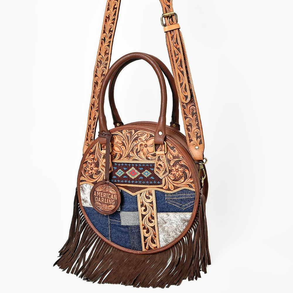 American Darling Denim & Floral Tooled Leather Fringe Canteen Bag
