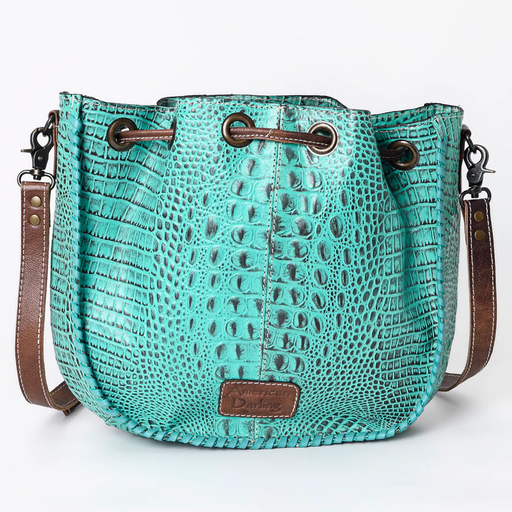 Turquoise Embossed Leather Bucket Bag with Drawstring & Whipstitch Detailing