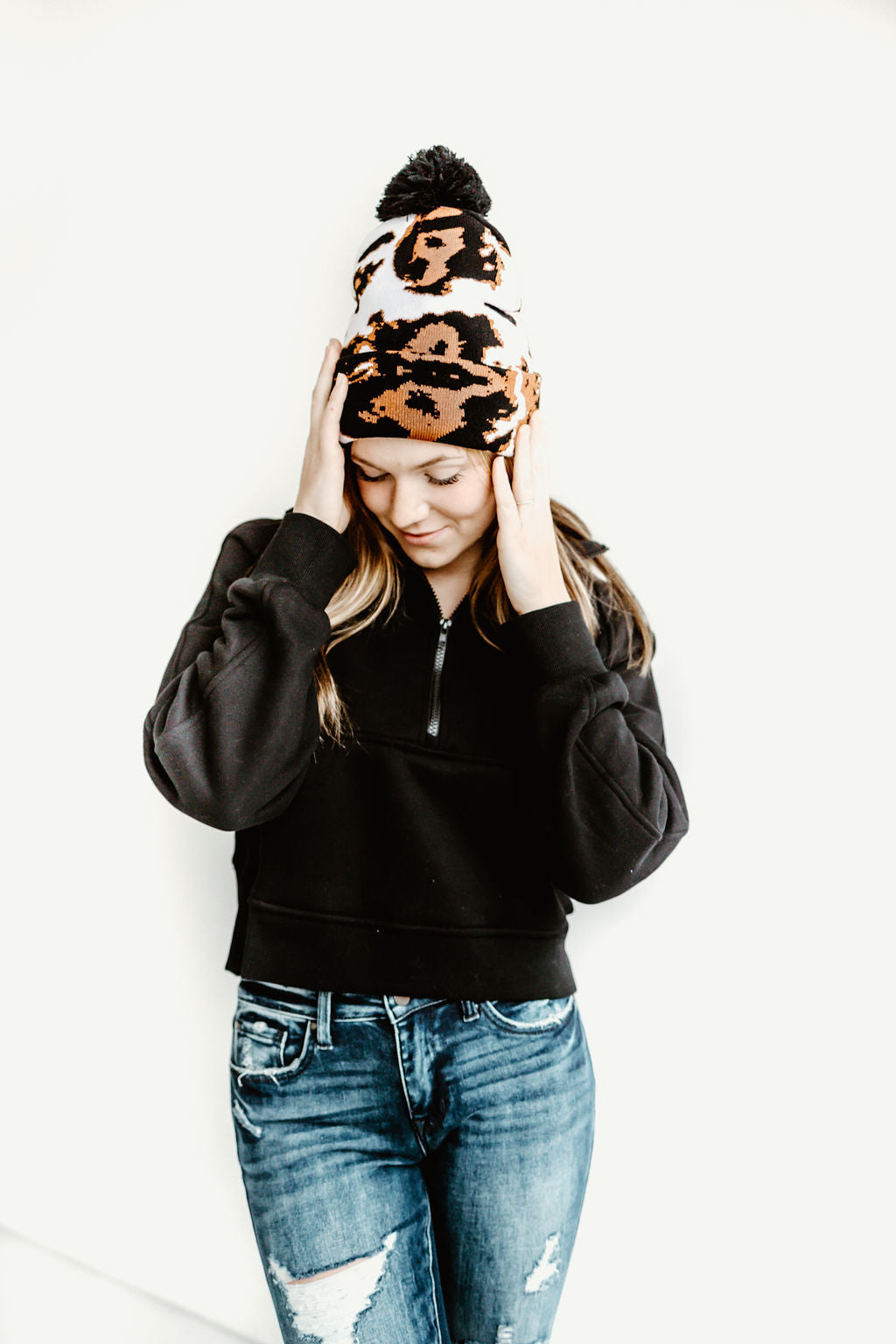 Cow Print Beanie with Pom