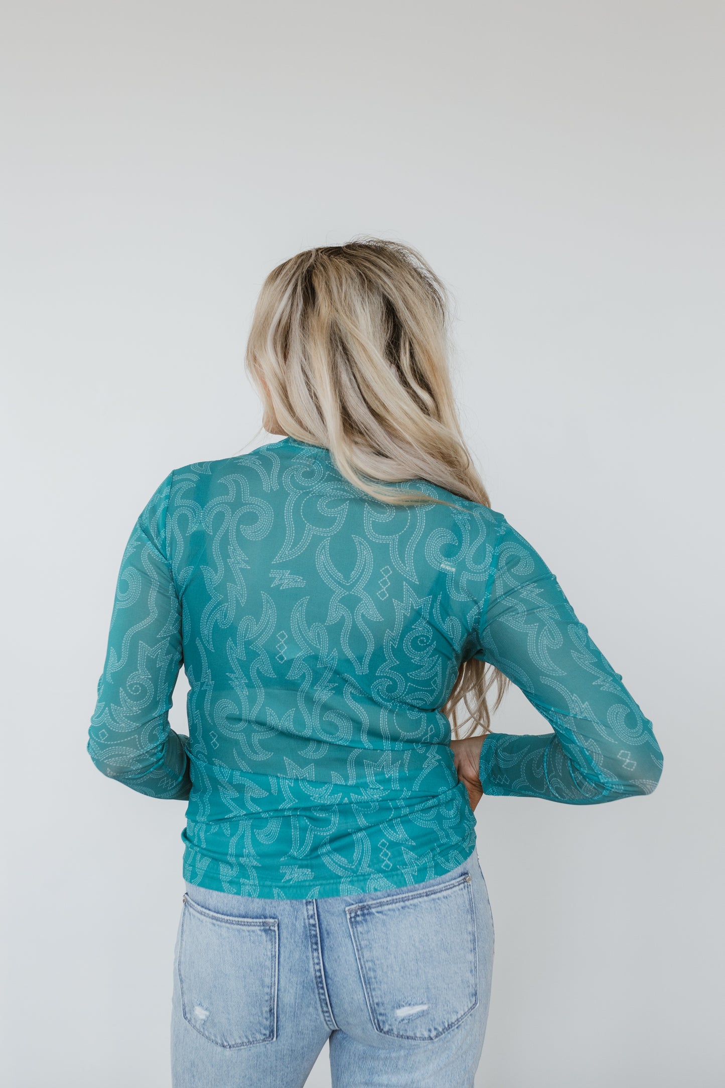 Cowgirl Thing Sheer Mesh Top – Western Boot Stitch Print Blouse in Turquoise