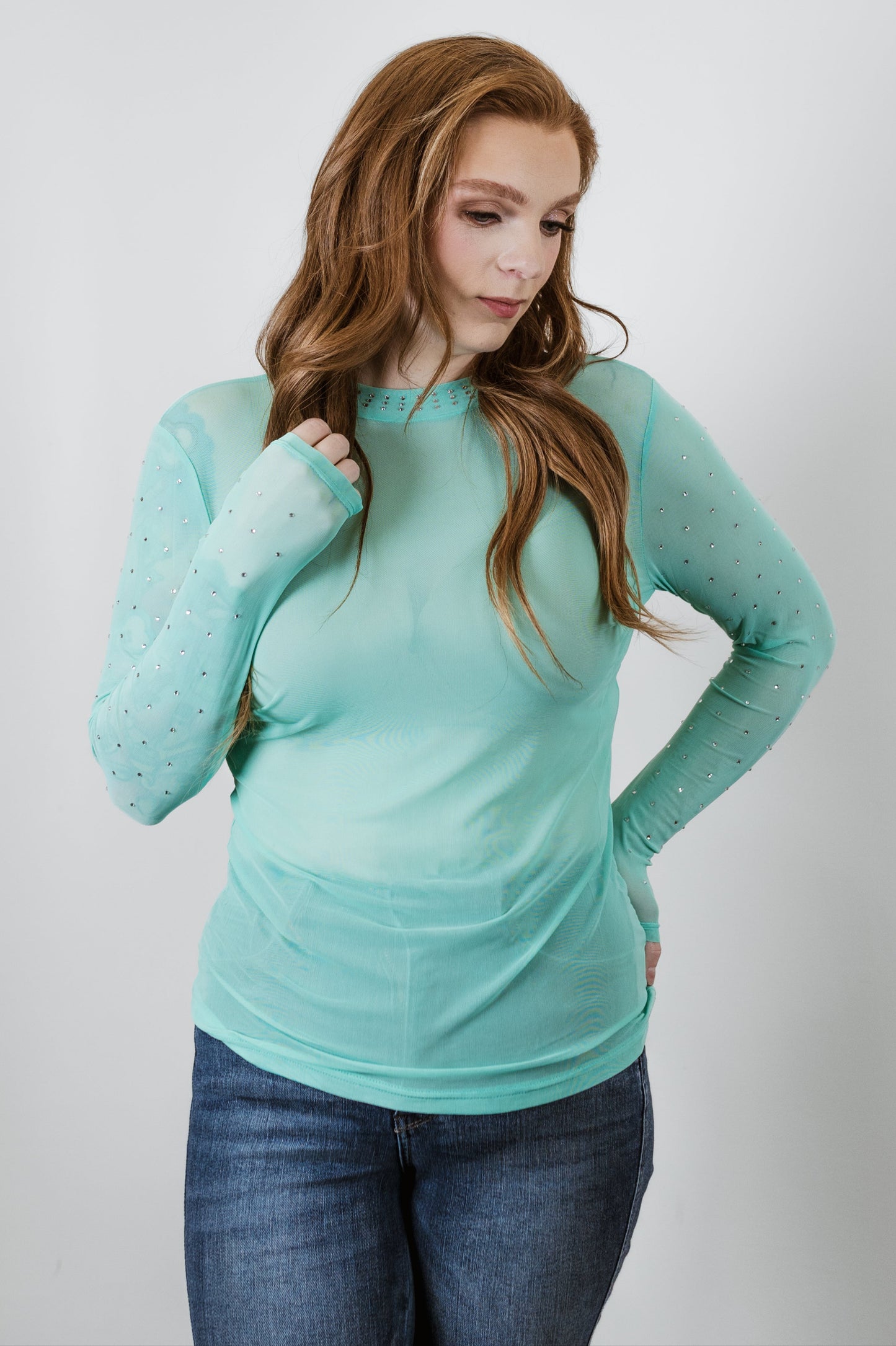 Celeste Turquoise Mesh Sleeve Top