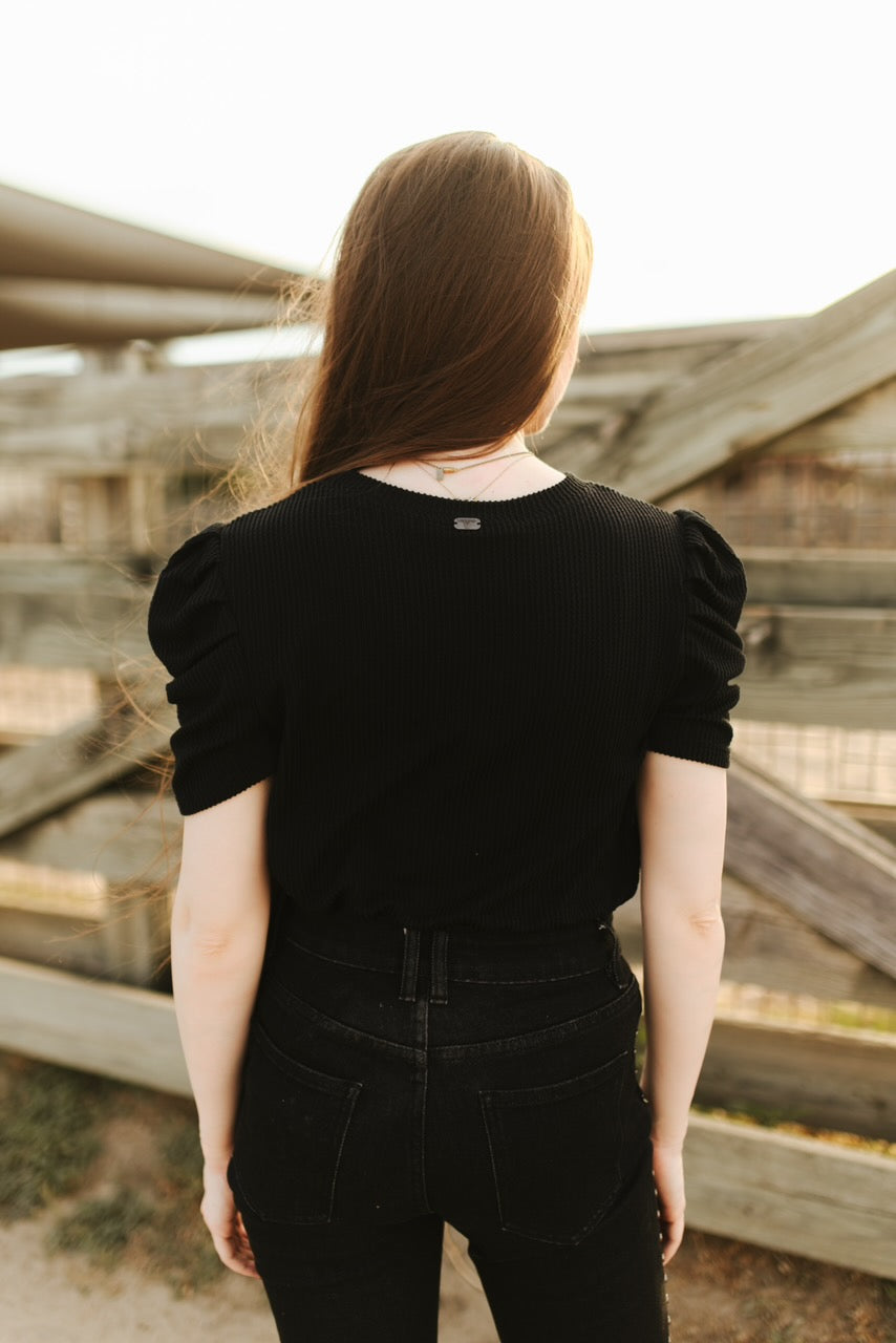 The Rodeo Darling Ribbed Puff Sleeve Top