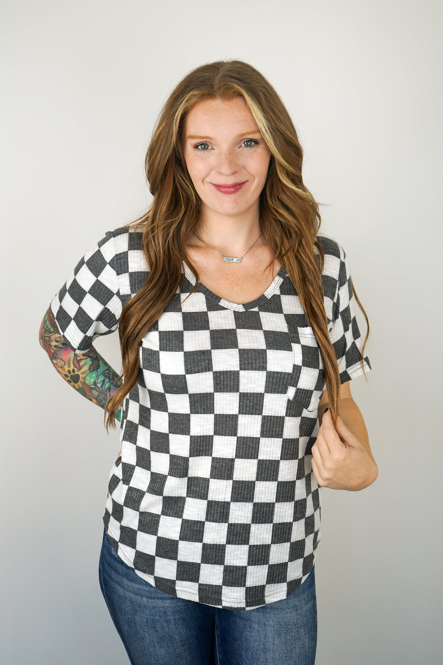 Super Soft Checkered V Neck