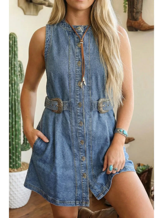 Western Belt Detail Button Down Sleeveless Denim Short Dress