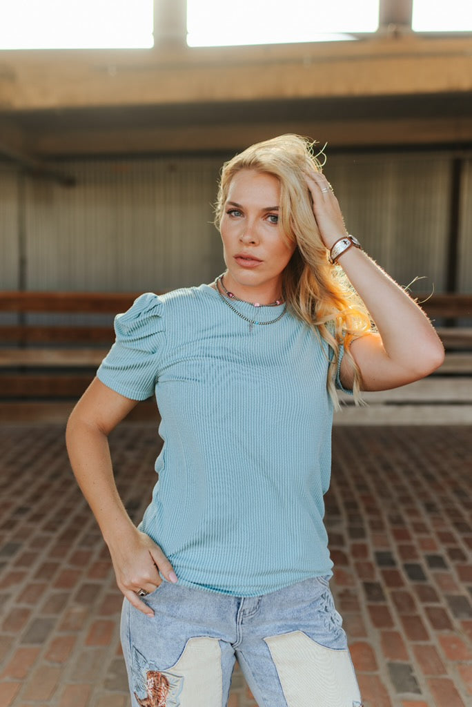 The Rodeo Darling Ribbed Puff Sleeve Top