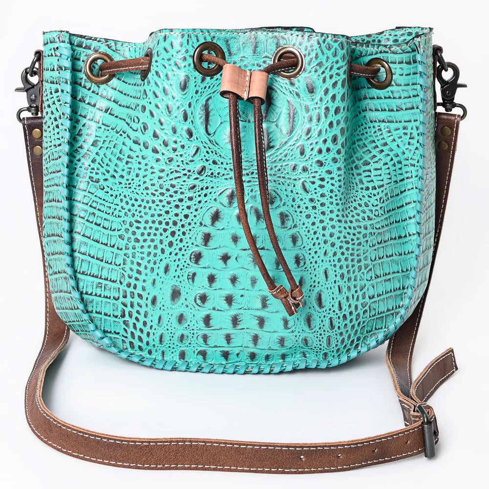 Turquoise Embossed Leather Bucket Bag with Drawstring & Whipstitch Detailing