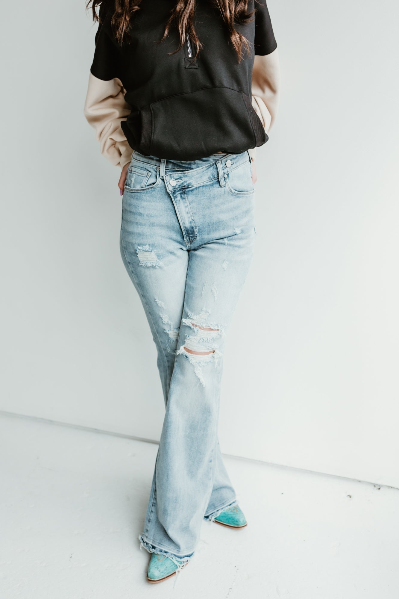 Criss Cross Distressed Stretch Flare