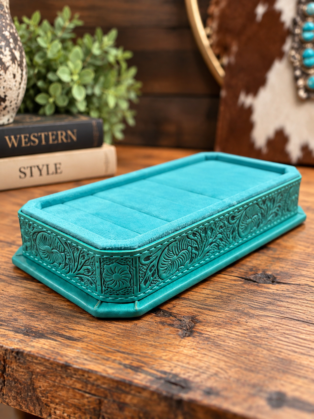 Western Tooled Jewelry Display Tray – Velvet Ring & Turquoise Organizer